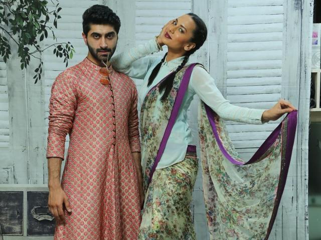 Actor Suhail Nayyar wears an achkan and flared pants from Kotwara by Meera & Muzaffar Ali . Supermodel Sonalika Sahay wears a sari from Ritu Kumar and powder blue shirt from Tarun Tahiliani.(Raajeesh Kashyap)