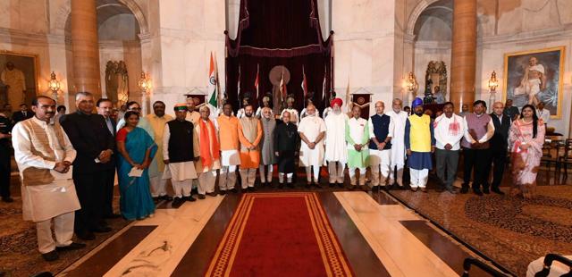 President Pranab Mukherjee administered the oath of office and secrecy to 20 members of the Council of Ministers on Tuesday. (Twitter) President Pranab Mukherjee administered the oath of office and secrecy to 20 members of the Council of Ministers on Tuesday. (Twitter)