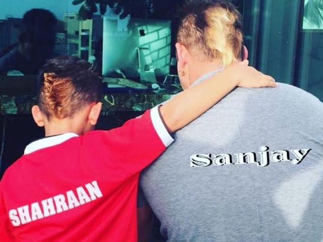 Maanyata shared this cute pic of her husband Sanjay Dutt and son Shahraan. (Instagram) 