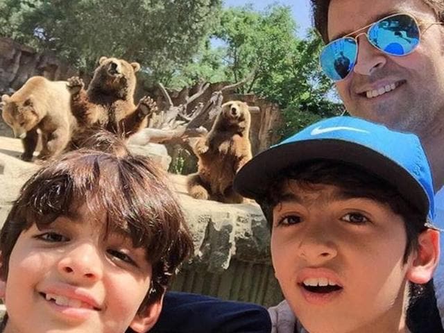 Three bears photobomb the epic picture as Hrithik Roshan takes a selfie with his sons Hrehaan and Hridhaan in Africa. (Instagram) 