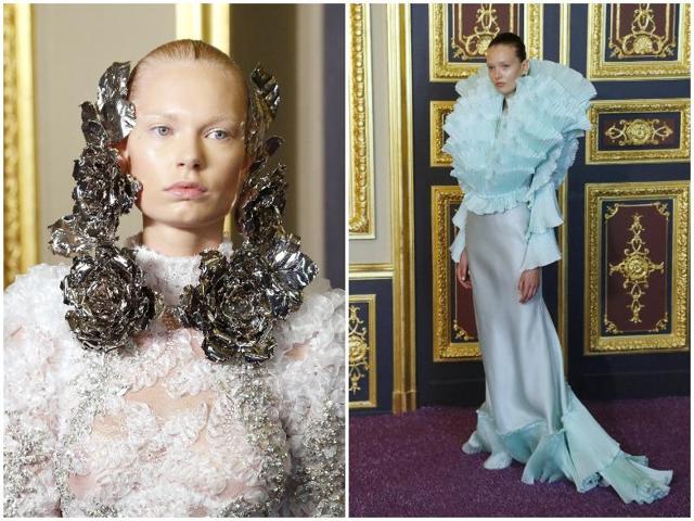 Francesco Scognamiglio: Creativity was also on show at Francesco Scognamiglio, with a collection of garments in soft colors and with combinations of textural effects. Some models had metallic flowers framing their faces at the Francesco Scognamiglio haute couture show. (AFP) Francesco Scognamiglio: Creativity was also on show at Francesco Scognamiglio, with a collection of garments in soft colors and with combinations of textural effects. Some models had metallic flowers framing their faces at the Francesco Scognamiglio haute couture show. (AFP)
