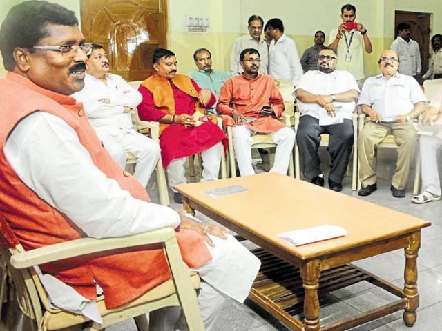 Jharkhand BJP chief Tala Marandi during a meeting at the party headquarters in Ranchi on Tuesday. (Bijay/HT photo) Jharkhand BJP chief Tala Marandi during a meeting at the party headquarters in Ranchi on Tuesday. (Bijay/HT photo)