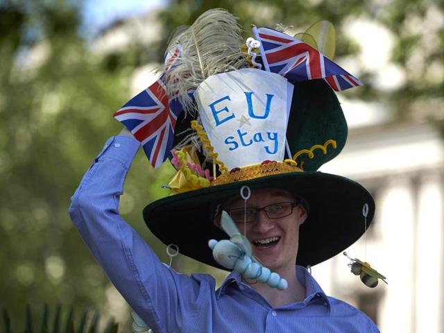 A man poses for a photograph with his "EU Stay" hat in Parliament Square as thousands of protesters take part in a March for Europe, through the centre of London on Sunday to protest against Britain's vote to leave the EU, which has plunged the government into political turmoil and left the country deeply polarised. (AFP) A man poses for a photograph with his "EU Stay" hat in Parliament Square as thousands of protesters take part in a March for Europe, through the centre of London on Sunday to protest against Britain's vote to leave the EU, which has plunged the government into political turmoil and left the country deeply polarised. (AFP)