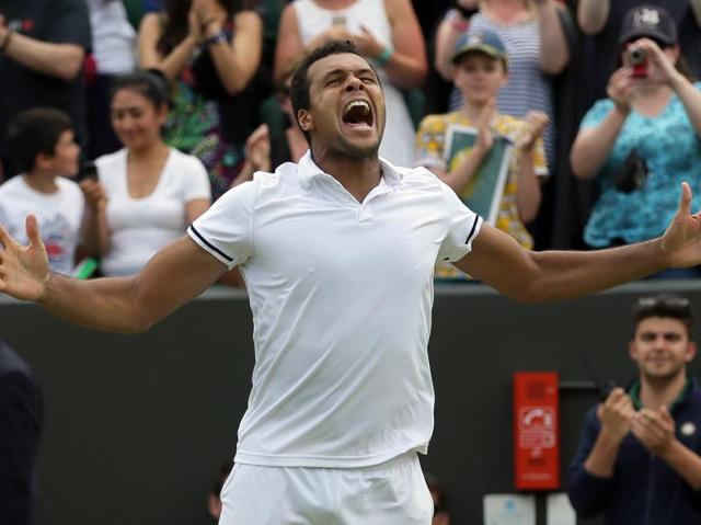 Jo-Wilfried Tsonga of France celebrates after beating John Isner in Wimbledon Tennis Championships. (AP Photo) Jo-Wilfried Tsonga of France celebrates after beating John Isner in Wimbledon Tennis Championships. (AP Photo)