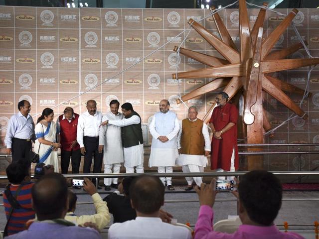 The four-tonne charkha is made of high-quality Burma teak wood and is estimated to last for over 50 years. It is 9 feet wide, 17 feet tall and 30 feet long. (Virendra Singh Gosain/Hindustan Times) The four-tonne charkha is made of high-quality Burma teak wood and is estimated to last for over 50 years. It is 9 feet wide, 17 feet tall and 30 feet long. (Virendra Singh Gosain/Hindustan Times)