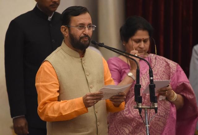 BJP leader, Prakash Javadekar takes the oath during the swearing-in ceremony of new ministers following Prime Minister Narendra Modi's cabinet re-shuffle, at the Presidential Palace in New Delhi on Tuesday. (AFP) BJP leader, Prakash Javadekar takes the oath during the swearing-in ceremony of new ministers following Prime Minister Narendra Modi's cabinet re-shuffle, at the Presidential Palace in New Delhi on Tuesday. (AFP)
