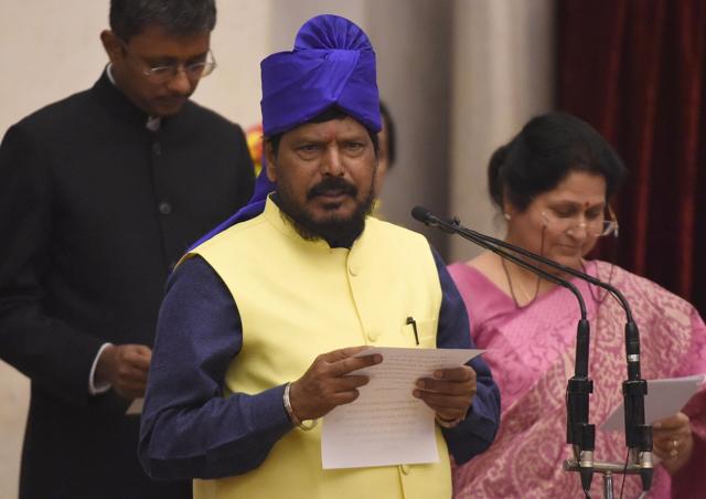 Indian member of Parliament Ramdas Athawale takes the oath as minister of state. (AFP) Indian member of Parliament Ramdas Athawale takes the oath as minister of state. (AFP)