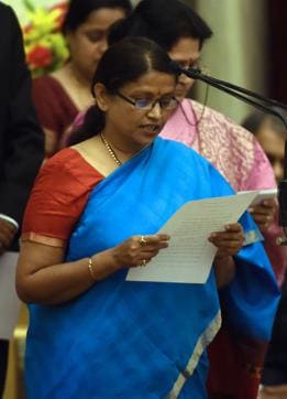 Bharatiya Janata Party (BJP) politician, Krishna Raj takes the oath as minister of state. (AFP) Bharatiya Janata Party (BJP) politician, Krishna Raj takes the oath as minister of state. (AFP)