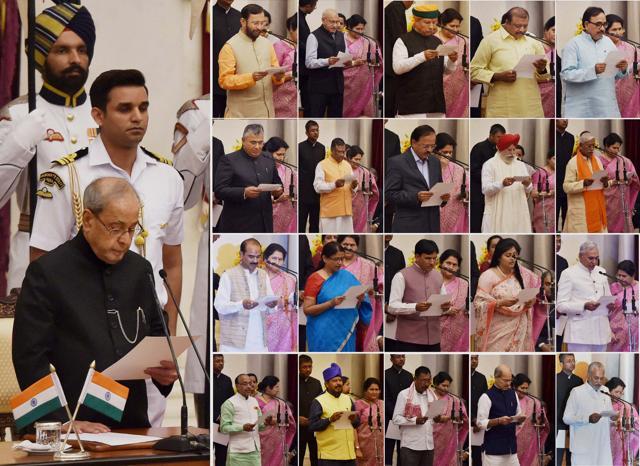 President Pranab Mukherjee administered the oath of office to the new cabinet minister, Prakash Javadekar, and 19 ministers of state at Rashtrapati Bhavan on Tuesday. (PTI) President Pranab Mukherjee administered the oath of office to the new cabinet minister, Prakash Javadekar, and 19 ministers of state at Rashtrapati Bhavan on Tuesday. (PTI)
