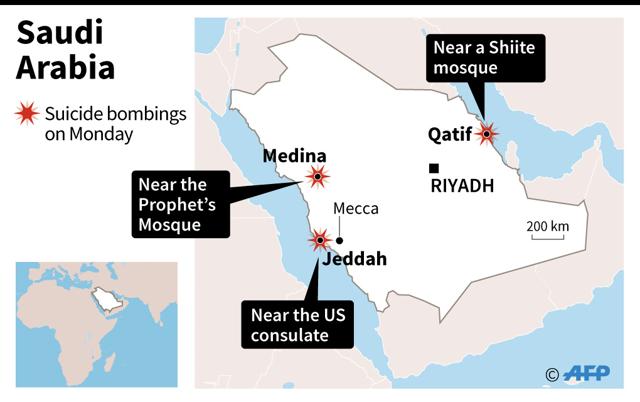 Map of Saudi Arabia locating suicide bombings on Monday. (AFP)