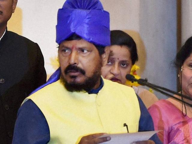 RPI chief Ramdas Athawale was sworn in as the minister of state (social justice and empowerment) on Tuesday. (PTI) RPI chief Ramdas Athawale was sworn in as the minister of state (social justice and empowerment) on Tuesday. (PTI)