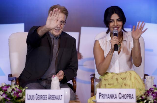 UNICEF Goodwill Ambassador Priyanka Chopra, right, and UNICEF Representative to India Louis Georges Arsenault wave at an audience telecast from a remote location during the launch of a Fair Start campaign in New Delhi, India, Tuesday, July 5, 2016. The child rights campaign focuses on persisting inequalities that large groups of children face in India, and urge for a fair chance to all. (AP) UNICEF Goodwill Ambassador Priyanka Chopra, right, and UNICEF Representative to India Louis Georges Arsenault wave at an audience telecast from a remote location during the launch of a Fair Start campaign in New Delhi, India, Tuesday, July 5, 2016. The child rights campaign focuses on persisting inequalities that large groups of children face in India, and urge for a fair chance to all. (AP)