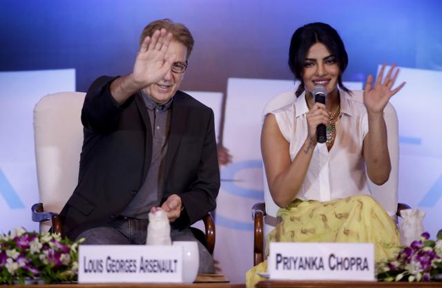 Indian Bollywood actor and UNICEF Goodwill Ambassador Priyanka Chopra, right, and UNICEF Representative to India Louis Georges Arsenault wave at an audience telecast from a remote location during the launch of a Fair Start campaign in New Delhi, India, Tuesday, July 5, 2016. (AP) Indian Bollywood actor and UNICEF Goodwill Ambassador Priyanka Chopra, right, and UNICEF Representative to India Louis Georges Arsenault wave at an audience telecast from a remote location during the launch of a Fair Start campaign in New Delhi, India, Tuesday, July 5, 2016. (AP)