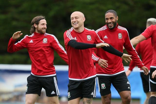 Wales' Joe Allen (left) David Cotterill and Ashley Williams attend a training session in Dinard, western France. (AP Photo) Wales' Joe Allen (left) David Cotterill and Ashley Williams attend a training session in Dinard, western France. (AP Photo)