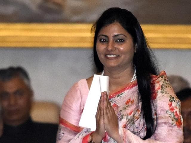 President Pranab Mukherjee greets Anupriya Patel as she was sworn-in as minister of state at a ceremony at Rashtrapati Bhavan in New Delhi on Tuesday. (PTI) President Pranab Mukherjee greets Anupriya Patel as she was sworn-in as minister of state at a ceremony at Rashtrapati Bhavan in New Delhi on Tuesday. (PTI)