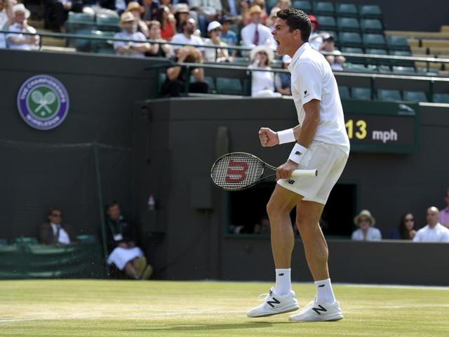 Milos Raonic celebrates his win over Querrey. (REUTERS)