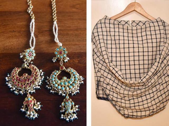 Reversible earrings from Amrapali; A checked skirt by Urvashi Kaur (Photo: vidya subramanian/Hindustan Times) Reversible earrings from Amrapali; A checked skirt by Urvashi Kaur (Photo: vidya subramanian/Hindustan Times)