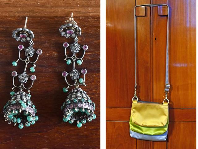 A pair of earrings from her collection; a bag from JT (Photo: vidya subramanian/Hindustan Times) A pair of earrings from her collection; a bag from JT (Photo: vidya subramanian/Hindustan Times)