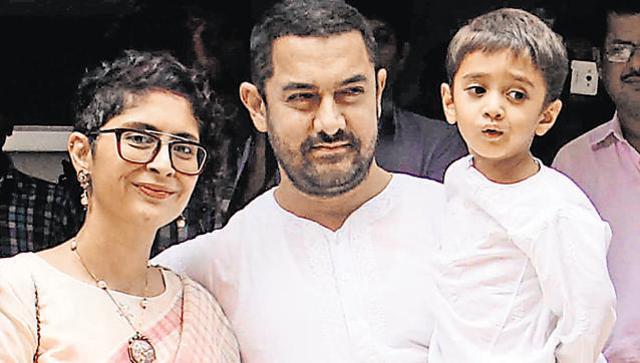 Aamir Khan with his wish Kiran Rao and son Azad. (HT Photos)