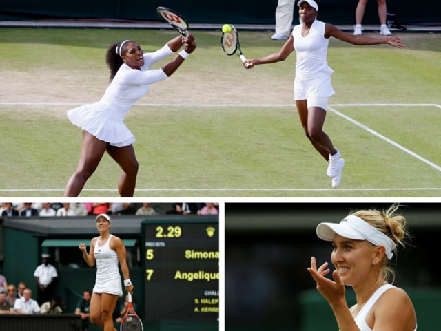 Serena Williams (left) and her sister Venus watch the ball during their women's doubles match against Andreja Klepac and Katarina Srebotnik of Slovenia on day four of the Wimbledon Tennis Championships in London. (AP Photo) Serena Williams (left) and her sister Venus watch the ball during their women's doubles match against Andreja Klepac and Katarina Srebotnik of Slovenia on day four of the Wimbledon Tennis Championships in London. (AP Photo)