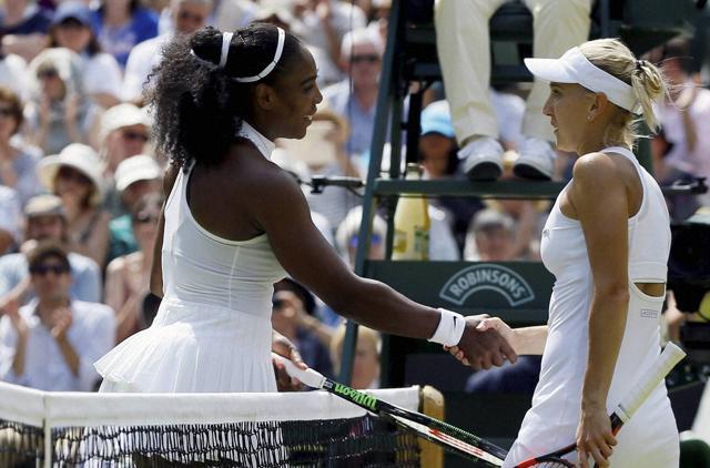 Serena Williams of the U.S, left, shakes hands with Elena Vesnina of Russia. (AP Photo) Serena Williams of the U.S, left, shakes hands with Elena Vesnina of Russia. (AP Photo)