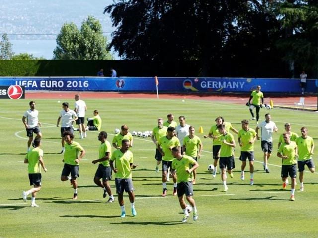 Germany's players during training at Stade Camille Fournier, Evian-Les-Bains, France. (Reuters Photo) Germany's players during training at Stade Camille Fournier, Evian-Les-Bains, France. (Reuters Photo)