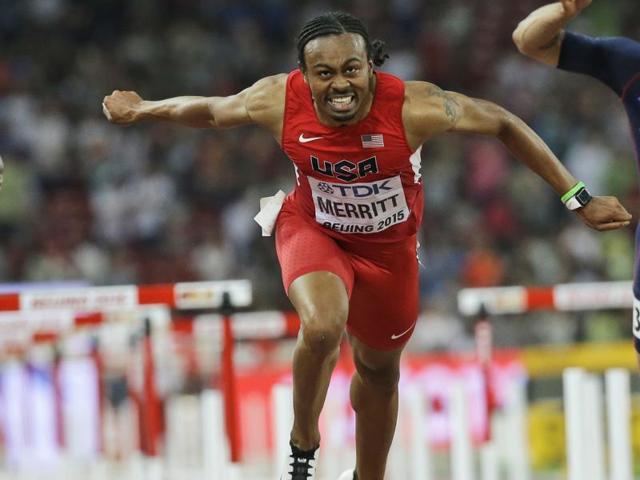 Aries Merritt (centre) competes in the men's 110m hurdles final at the World Athletics Championships at the Bird's Nest stadium in Beijing. (AP File Photo) Aries Merritt (centre) competes in the men's 110m hurdles final at the World Athletics Championships at the Bird's Nest stadium in Beijing. (AP File Photo)