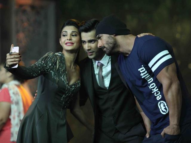 John Abraham, Jacqueline Fernandez and Varun Dhawan on the sets of India's Got Talent 7 final to promote upcoming film Dishoom. (IANS Photo)