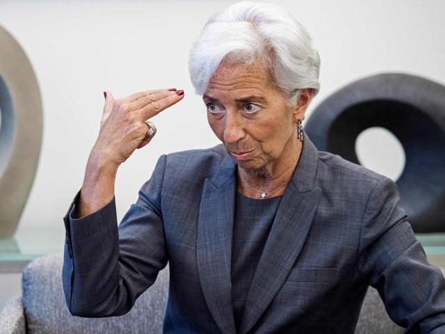 International Monetary Fund (IMF) managing director Christine Lagarde speaks during an interview at the IMF headquarters in Washington on Wednesday.(AFP)