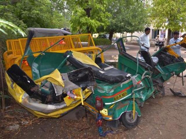 The wreckage of the autorickshaw and the BMW sedan after the accident in Jaipur. (HT Photo) The wreckage of the autorickshaw and the BMW sedan after the accident in Jaipur. (HT Photo)