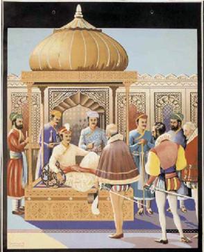 Mughal emperor Akbar receives an embassy sent by Queen Elizabeth. Akbar was active in getting Persian manuscripts translated in Braj. Aurangzeb wrote love poetry in the same language. (Donald Cameron / Christies) Mughal emperor Akbar receives an embassy sent by Queen Elizabeth. Akbar was active in getting Persian manuscripts translated in Braj. Aurangzeb wrote love poetry in the same language. (Donald Cameron / Christies)