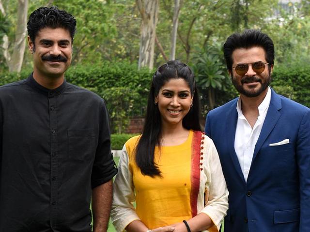 (Left to right)Sikander Kher, Sakshi Tanwar and Anil Kapoor in Chandigarh on Thursday.(Sanjeev Sharma/HT Photo)