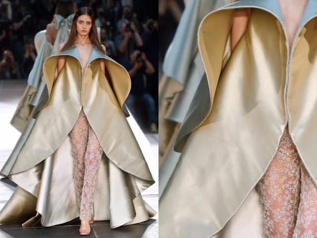 Alexis Mabille: Alexis Mabille channeled curves and waves in this latest haute couture collection, with pieces including this spectacular platinum and gold creation worn over sheer tulle pants. (AFP) Alexis Mabille: Alexis Mabille channeled curves and waves in this latest haute couture collection, with pieces including this spectacular platinum and gold creation worn over sheer tulle pants. (AFP)