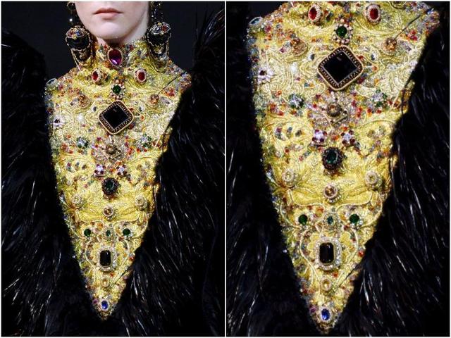 Guo Pei: Opulence was also on show in the Guo Pei collection, with feathers and gemstones of all sizes and colors embroidered onto creations. (AFP) Guo Pei: Opulence was also on show in the Guo Pei collection, with feathers and gemstones of all sizes and colors embroidered onto creations. (AFP)