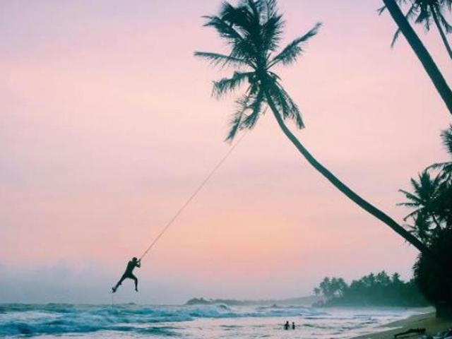 This week Instagrammers were asked to post photographs of iconic landmarks in a layered, unique way.  Swinging off a palm tree at the serene coast of Wijaya Beach in Sri Lanka. (Instagram/wanderlustgava) 