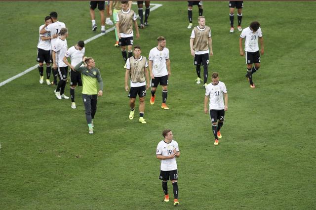 Germany's Mario Goetze (front centre) leaves the field with his teammates after the Euro 2016 semifinal football match between Germany and France, at the Velodrome stadium in Marseille, France. (AP Photo) Germany's Mario Goetze (front centre) leaves the field with his teammates after the Euro 2016 semifinal football match between Germany and France, at the Velodrome stadium in Marseille, France. (AP Photo)