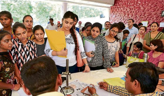 Students during the first counselling at Postgraduate Government College, Sector 11, in Chandigarh on Thursday.(Keshav Singh/HT) Students during the first counselling at Postgraduate Government College, Sector 11, in Chandigarh on Thursday.(Keshav Singh/HT)