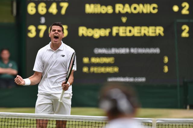 Canada's Milos Raonic celebrates beating Switzerland's Roger Federer during their men's semi-final match. (AFP) Canada's Milos Raonic celebrates beating Switzerland's Roger Federer during their men's semi-final match. (AFP)