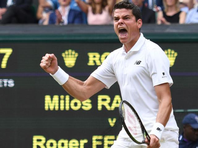 Canada's Milos Raonic celebrates winning the fourth set against Switzerland's Roger Federer during their men's semifinal match on the twelfth day of the 2016 Wimbledon Championships. (AFP Photo) Canada's Milos Raonic celebrates winning the fourth set against Switzerland's Roger Federer during their men's semifinal match on the twelfth day of the 2016 Wimbledon Championships. (AFP Photo)