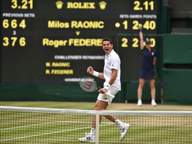 Canada's Milos Raonic celebrates winning a game against Switzerland's Roger Federer . (AFP Photo) 