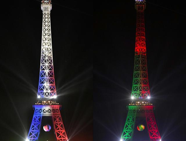This combination picture shows the Eiffel Tower lit with the colours of the French and Portugal national flags. (AFP Photo) This combination picture shows the Eiffel Tower lit with the colours of the French and Portugal national flags. (AFP Photo)