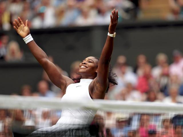 Serena celebrates her win, which gave her a 22nd Grand Slam and seventh at Wimbledon, equalling Steffi Graf’s Open Era record. (REUTERS) Serena celebrates her win, which gave her a 22nd Grand Slam and seventh at Wimbledon, equalling Steffi Graf’s Open Era record. (REUTERS)