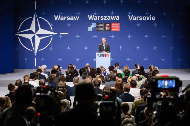 US President Barack Obama attends a press conference during the second day of the NATO Summit at the Polish National Stadium in Warsaw on Saturday. (AFP) US President Barack Obama attends a press conference during the second day of the NATO Summit at the Polish National Stadium in Warsaw on Saturday. (AFP)