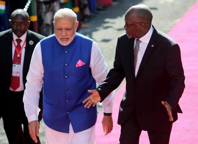 Prime Minister Narendra Modi with Tanzania President John Magufuli, during his visit at the State House in Dar es Salaam on Sunday. (REUTERS) Prime Minister Narendra Modi with Tanzania President John Magufuli, during his visit at the State House in Dar es Salaam on Sunday. (REUTERS)