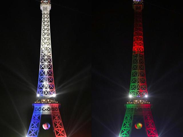 This combination of pictures created on July 8, 2016 shows the Eiffel Tower lighted with the colours of the French National flag on July 7, 2016 (L) and Portugal flag on July 1, 2016. (AFP PHOTO) This combination of pictures created on July 8, 2016 shows the Eiffel Tower lighted with the colours of the French National flag on July 7, 2016 (L) and Portugal flag on July 1, 2016. (AFP PHOTO)