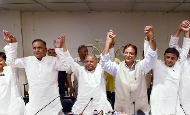 Beni Prasad Verma (left) with Samajwadi party in presence of party chief Mulayam Singh Yadav (centre), party leader Azam Khan and chief minister Akhilesh Yadav (right) in Lucknow. (PTI File Photo) Beni Prasad Verma (left) with Samajwadi party in presence of party chief Mulayam Singh Yadav (centre), party leader Azam Khan and chief minister Akhilesh Yadav (right) in Lucknow. (PTI File Photo)