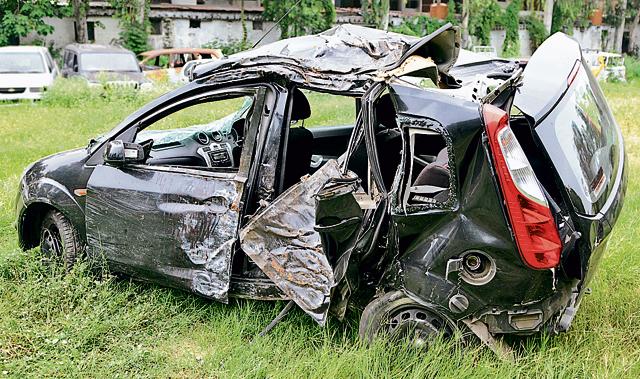 The mangled remains of the car at the Sector 34 police station in Chandigarh on Monday. (Anil Dayal/HT Photo) The mangled remains of the car at the Sector 34 police station in Chandigarh on Monday. (Anil Dayal/HT Photo)
