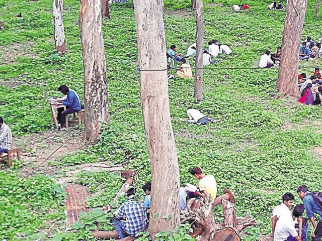 Students of RS More College in Govindpur were found writing a Class 11 examination paper on July 9 under trees on the campus and using unfair means. (Bijay/HT Photo) Students of RS More College in Govindpur were found writing a Class 11 examination paper on July 9 under trees on the campus and using unfair means. (Bijay/HT Photo)
