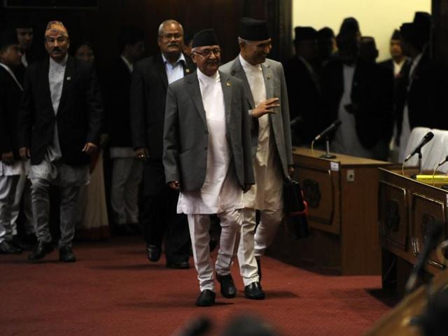 A letter by Maoist chairman Pushpa Kamal Dahal, mentioning the CPN (MC)’s decision to withdraw support was handed over to Oli on Tuesday. (AFP File) A letter by Maoist chairman Pushpa Kamal Dahal, mentioning the CPN (MC)’s decision to withdraw support was handed over to Oli on Tuesday. (AFP File)