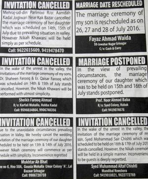 Ads in a newspaper called Greater Kashmir announce weddings that have been cancelled or postponed. (Waseem Andrabi/ HT photo) Ads in a newspaper called Greater Kashmir announce weddings that have been cancelled or postponed. (Waseem Andrabi/ HT photo)